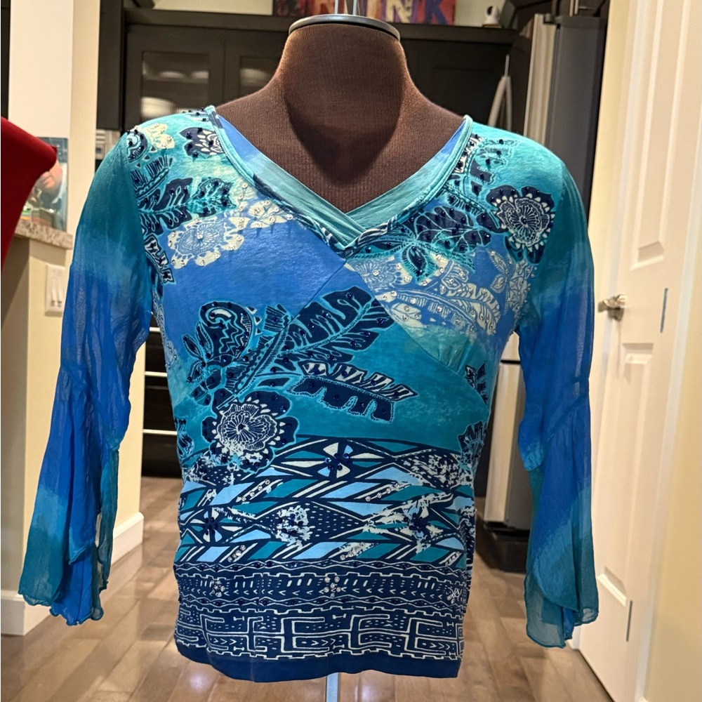 Forbidden Top Womens Medium Patchwork Print Beaded Sequins Boho Fairy